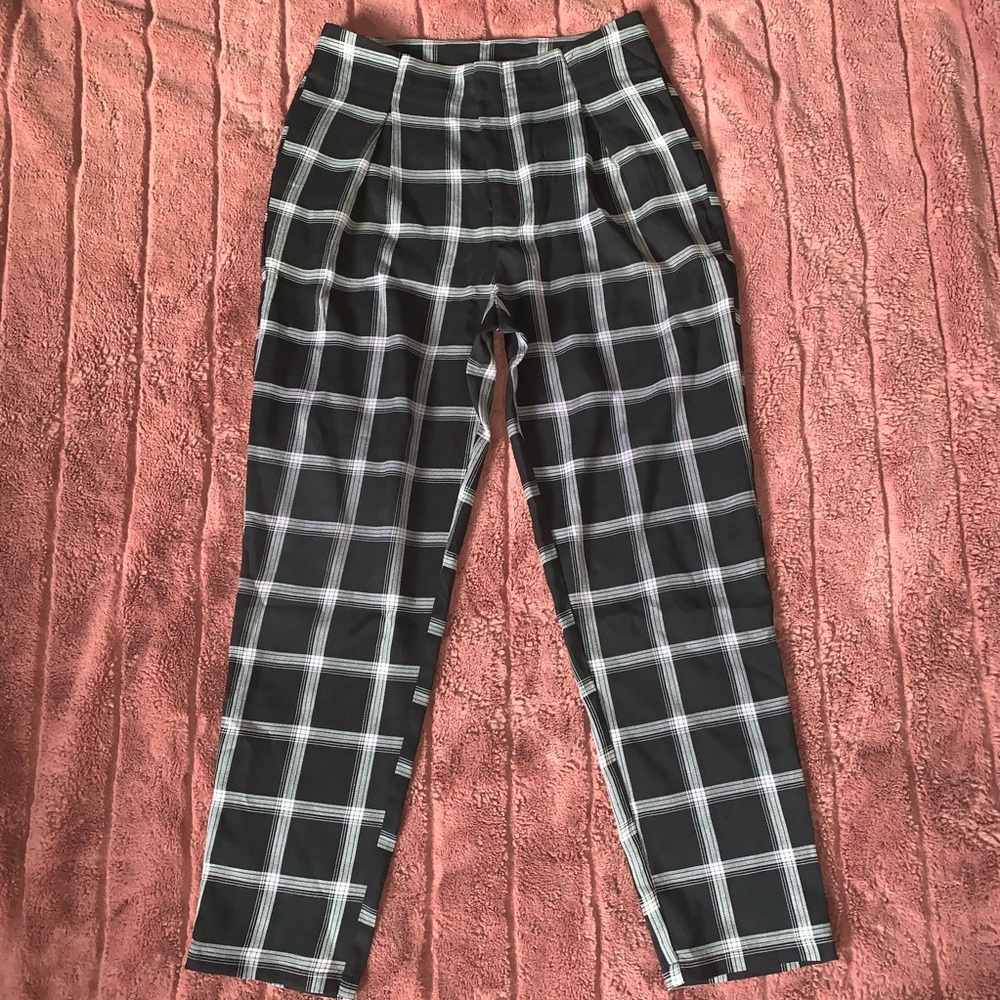 Plaid, black and white, tapered pants